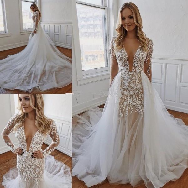 vintage mermaid wedding dresses with overskirts backless lace bridal gowns long sleeves boho wedding dress vestido de novia, White
vintage mermaid wedding dresses with overskirts backless lace bridal gowns long sleeves boho wedding dress vestido de novia, White