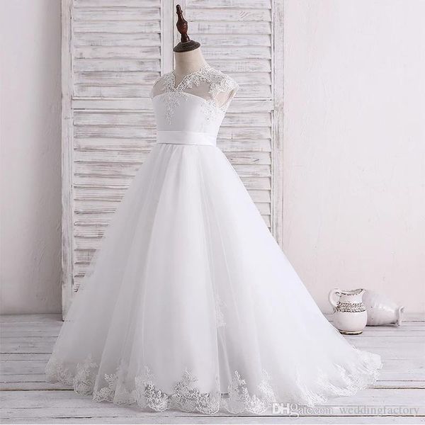 princess flower girl dresses sheer neck lace appliques corset back long formal flowergirl dress with bow for weddings, White;blue
princess flower girl dresses sheer neck lace appliques corset back long formal flowergirl dress with bow for weddings, White;blue