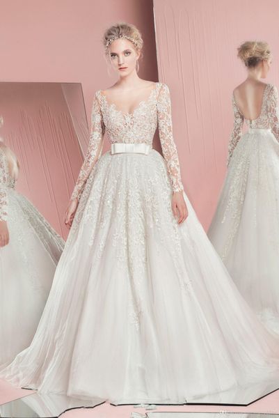 zuhiar murad a line wedding dresses v sheer neck lace applique tulle with detachable skirt bridal gowns with waist bow design custom made, White
zuhiar murad a line wedding dresses v sheer neck lace applique tulle with detachable skirt bridal gowns with waist bow design custom made, White