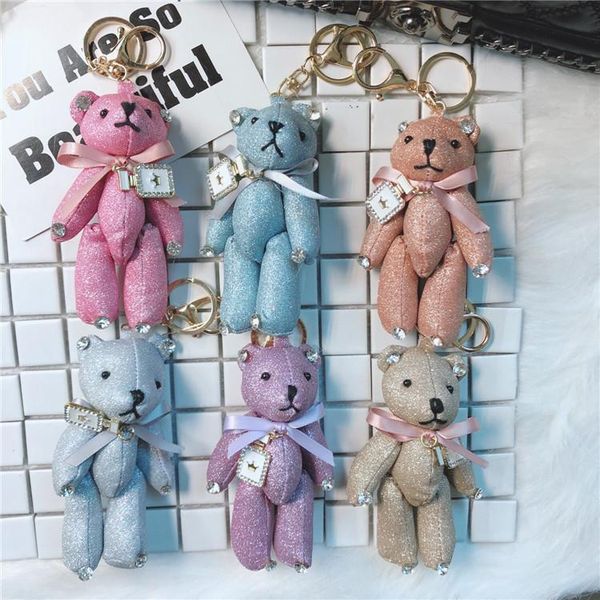 

sequins key chain toys doll cartoon ribbon bow crystal bear keychain keyring for women bag pendant gift accessories porte clef charm, Slivery;golden