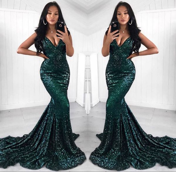 2019 dark green sequined mermaid prom dresses blingbling sequins deep v neck evening dresses party gown, Black
2019 dark green sequined mermaid prom dresses blingbling sequins deep v neck evening dresses party gown, Black