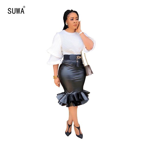 double ruffles spliced women mermeid skirts back zipper empire bandage skirts light pu women knee length l8032g, Black
double ruffles spliced women mermeid skirts back zipper empire bandage skirts light pu women knee length l8032g, Black