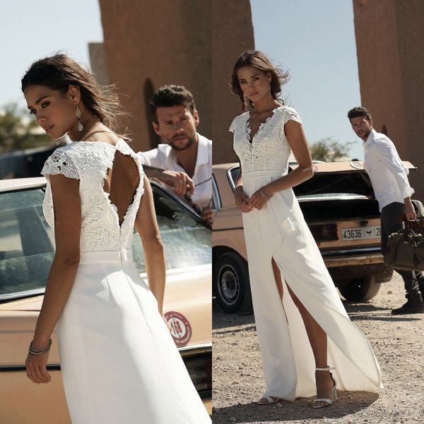 2020 a line wedding dresses v neck cap sleeve front split beads appliques chiffon beach wedding dresses floor length boho bridal gowns, White
2020 a line wedding dresses v neck cap sleeve front split beads appliques chiffon beach wedding dresses floor length boho bridal gowns, White