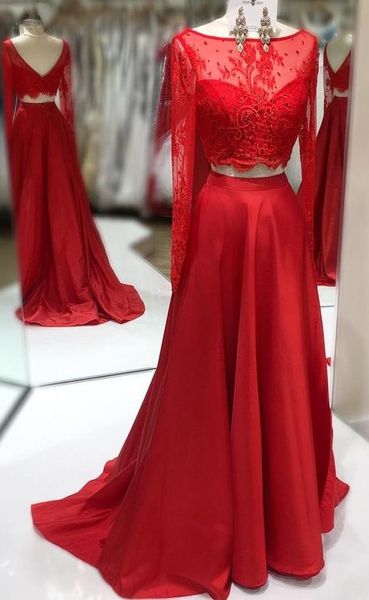 charming red 2 pieces real p prom evening dress formal gowns jewel neck lace long sleeves v backless satin pageant celebrity dress, Black
charming red 2 pieces real p prom evening dress formal gowns jewel neck lace long sleeves v backless satin pageant celebrity dress, Black