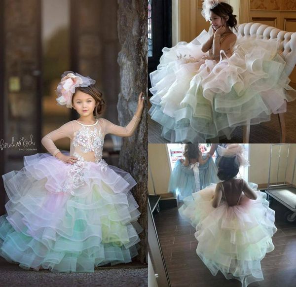 

Colorful Girls Pageant Dress Jewel Neck Long Sleeves Tiered Skirts Lace Flower Girl Dresses Custom Luxury Appliqued Kids Formal Gowns