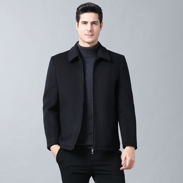 men wool blending outerwear turn-down collar long sleeve double breasted short design navy wool coat solid color men woolen coat, Black
men wool blending outerwear turn-down collar long sleeve double breasted short design navy wool coat solid color men woolen coat, Black