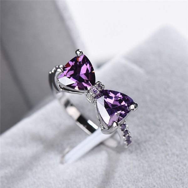 

sparkling bow knot stackable ring micro pave purple cz for women valentine's day gift 925 sterling silver jewelry, Slivery;golden