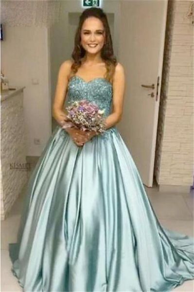 sky blue prom dress ball gown satin appliques beaded strapless sweetheart neck sweep train evening dress, Black
sky blue prom dress ball gown satin appliques beaded strapless sweetheart neck sweep train evening dress, Black
