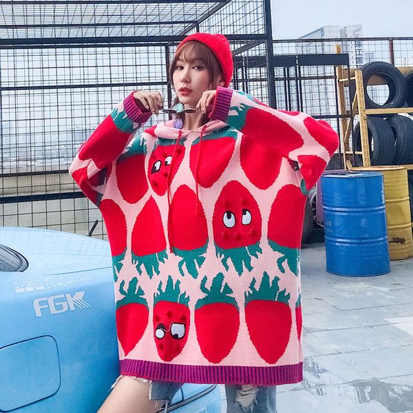 2020 spring and winter strawberry pattern knit sweater women loose street style knitting sweater hooded oversize, White;black
2020 spring and winter strawberry pattern knit sweater women loose street style knitting sweater hooded oversize, White;black
