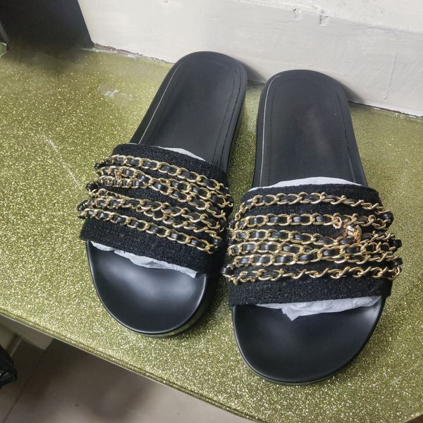 european classic luxury style women shoe slippers genuine leather making chain decoration more color choice low heel rubber bottoms, Black
european classic luxury style women shoe slippers genuine leather making chain decoration more color choice low heel rubber bottoms, Black