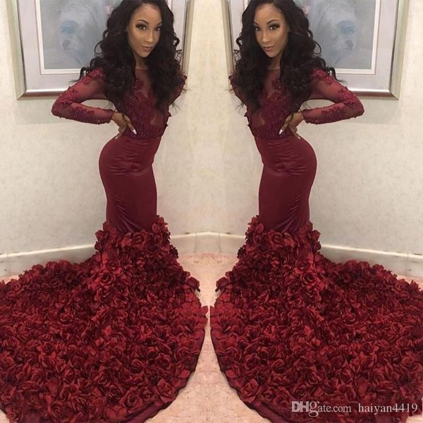 2019 burgundy mermaid prom dresses sheer neck long sleeves lace appliques beaded rose flowers evening dress party pageant formal gowns, Black
2019 burgundy mermaid prom dresses sheer neck long sleeves lace appliques beaded rose flowers evening dress party pageant formal gowns, Black