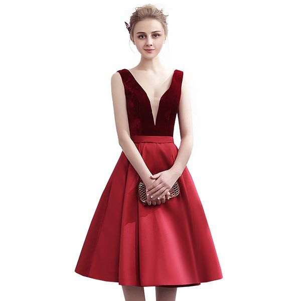 capped v neck satin cocktail dresses knee length 2020 burgundy short party dress with pockets mini gown, Black
capped v neck satin cocktail dresses knee length 2020 burgundy short party dress with pockets mini gown, Black