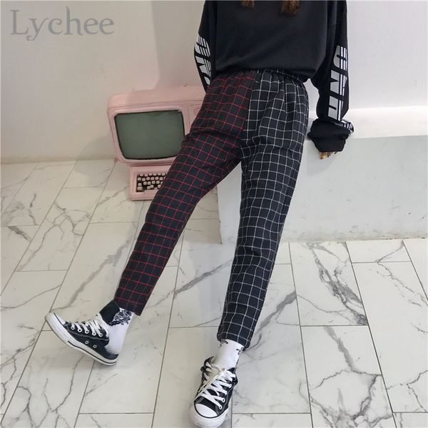 lychee harajuku plaid patchwork women pants elastic waist hit color ankle length pants causal loose female trousers, Black;white
lychee harajuku plaid patchwork women pants elastic waist hit color ankle length pants causal loose female trousers, Black;white