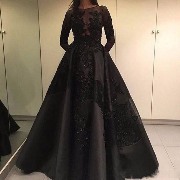 vintage black long sleeve evening dresses with detachable train a line sheer neck appliques beads arabic dubai fashion prom party gowns, Black;red 
vintage black long sleeve evening dresses with detachable train a line sheer neck appliques beads arabic dubai fashion prom party gowns, Black;red