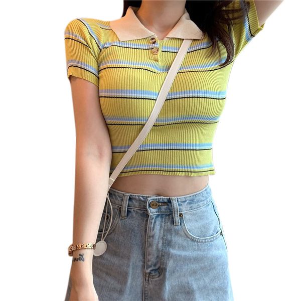 women's t-shirt summer streetwear t-shirts women casual striped all-match fashion slim fit lapel tee, White
women's t-shirt summer streetwear t-shirts women casual striped all-match fashion slim fit lapel tee, White