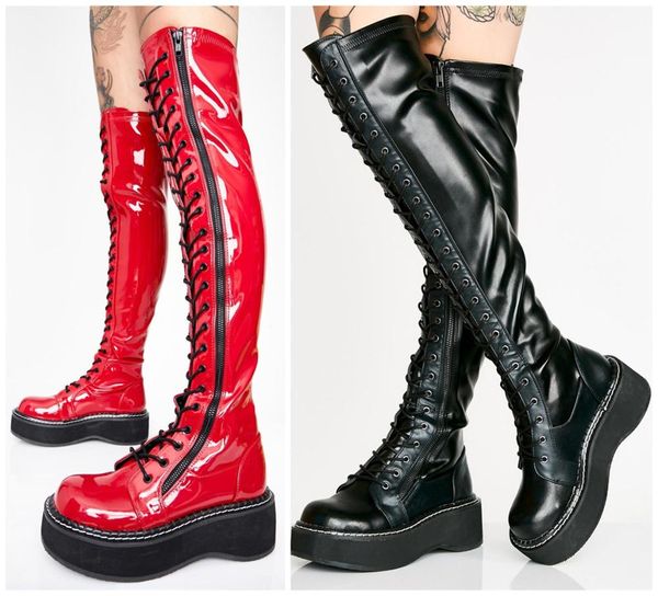 pxelena thick platform cosplay thigh high boots women punk lace up combat knight riding over the knee boots show shoes, Black
pxelena thick platform cosplay thigh high boots women punk lace up combat knight riding over the knee boots show shoes, Black