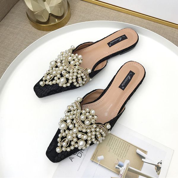 2019 brand women slippers home slipper slip on mule women flat lace casual shoes pearl crystal loafer outdoor slipper, Black 
2019 brand women slippers home slipper slip on mule women flat lace casual shoes pearl crystal loafer outdoor slipper, Black