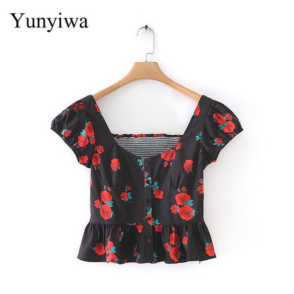2019 women sweet rose floral print black blouse hem pleat ruffles shirts female back elastic casual slim, White
2019 women sweet rose floral print black blouse hem pleat ruffles shirts female back elastic casual slim, White