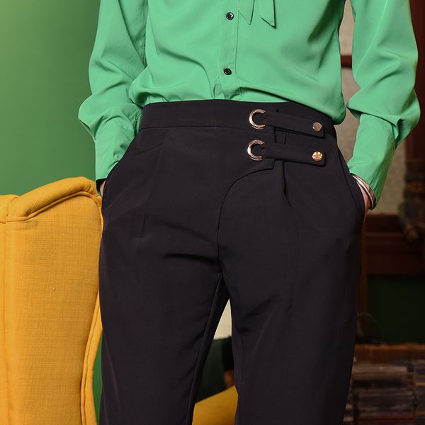 tide brand personality waist buckle design nine points irregular small trousers male slim hair stylist pants, Black
tide brand personality waist buckle design nine points irregular small trousers male slim hair stylist pants, Black