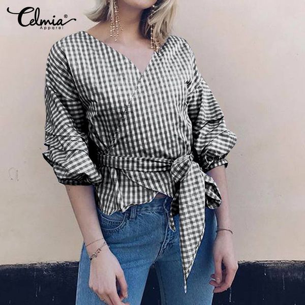 celmia women summer plaid blouses lantern sleeve v-neck shirt casual bandage tunic plus size ladies elegant blusas 5xl, White
celmia women summer plaid blouses lantern sleeve v-neck shirt casual bandage tunic plus size ladies elegant blusas 5xl, White