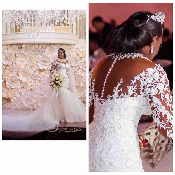2021 sheer lace appliques long sleeves mermaid wedding dresses beading custom made bridal gowns formal plus size vestidos de marrage, White
2021 sheer lace appliques long sleeves mermaid wedding dresses beading custom made bridal gowns formal plus size vestidos de marrage, White