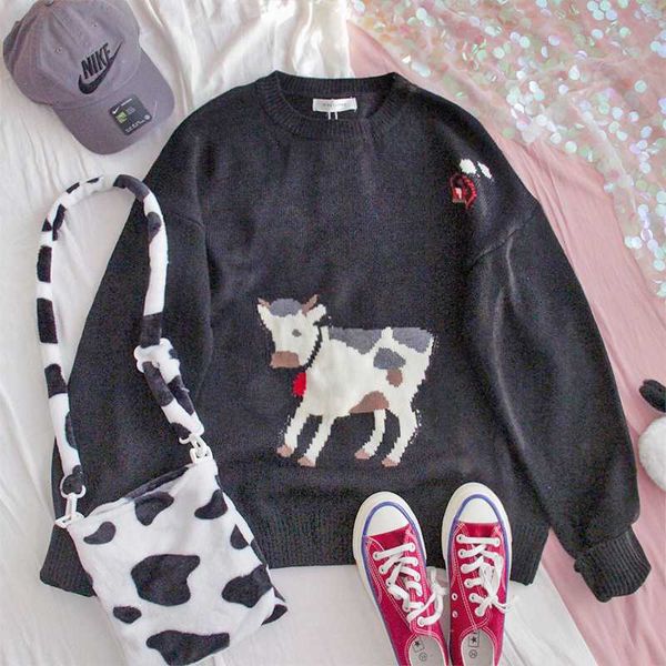 spring autumn harajuku cute sweater young girls loose student cow jacquard soft sister round collar pullover college style, White;black
spring autumn harajuku cute sweater young girls loose student cow jacquard soft sister round collar pullover college style, White;black