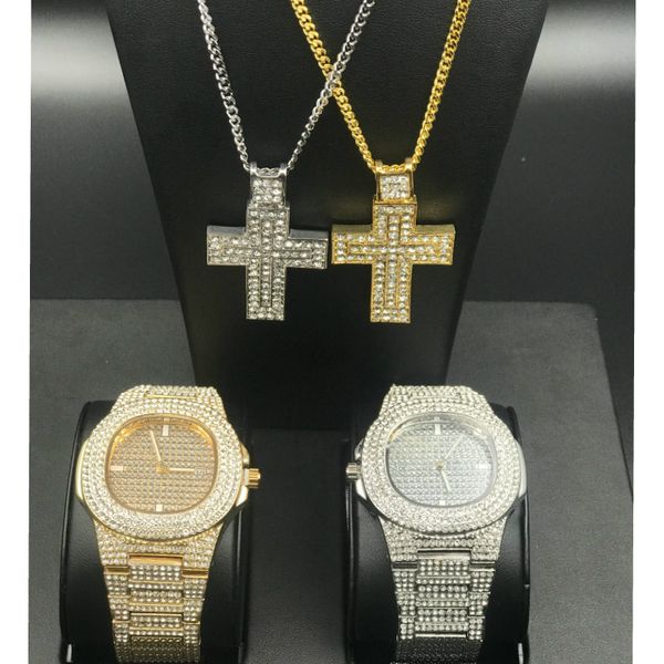 men luxury gold hip hop watch diamond men cross pendant necklace combo set iced out cz bling rapper jewelry rope chain set, Slivery;brown
men luxury gold hip hop watch diamond men cross pendant necklace combo set iced out cz bling rapper jewelry rope chain set, Slivery;brown