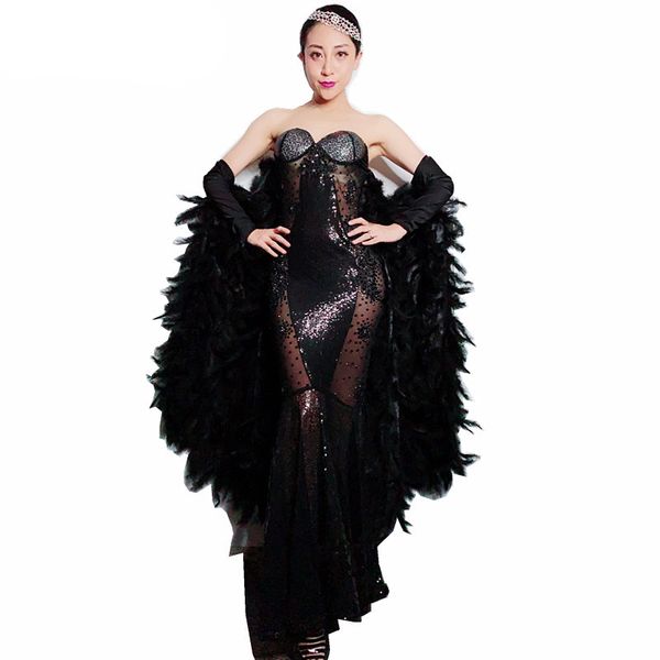 women new black feathers bat sleeve crystals sequined strapless dress fashion prom birthday celebration stage costume dress, Black;gray
women new black feathers bat sleeve crystals sequined strapless dress fashion prom birthday celebration stage costume dress, Black;gray