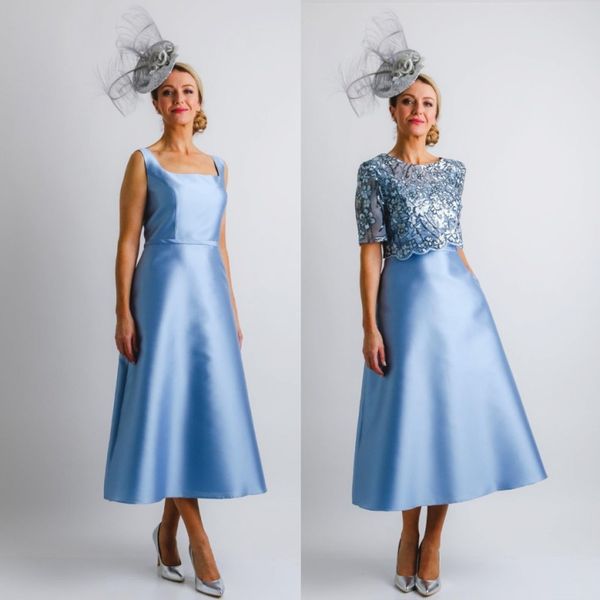 light sky blue lace mother of the bride dresses square neck short sleeves satin wedding guest dress tea length formal gowns, Black;red
light sky blue lace mother of the bride dresses square neck short sleeves satin wedding guest dress tea length formal gowns, Black;red