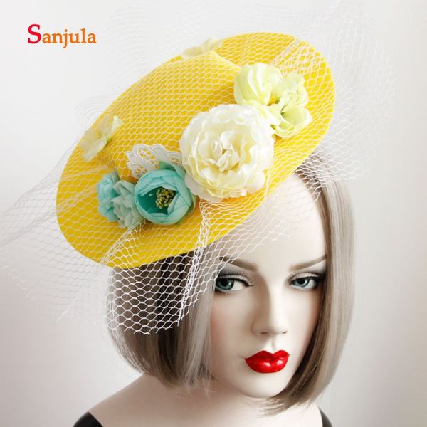 yellow bridal hats with handmade flowers gorgeous wedding hair accessories with tulle girls halloween party headwear h02