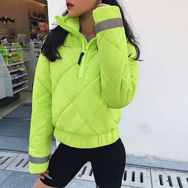 

2019 fluorescent green women parkas casual pullovers thicken wadded coat sporty cotton puffer jacket winter mujer padded coat, Black