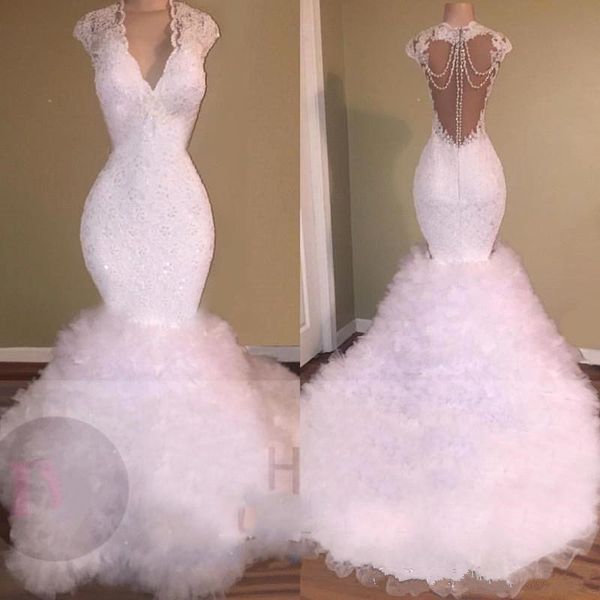 elegant white v neck lace mermaid long prom dresses 2019 new tulle ruffles sheer beaded back sweep train formal party evening gowns, Black
elegant white v neck lace mermaid long prom dresses 2019 new tulle ruffles sheer beaded back sweep train formal party evening gowns, Black