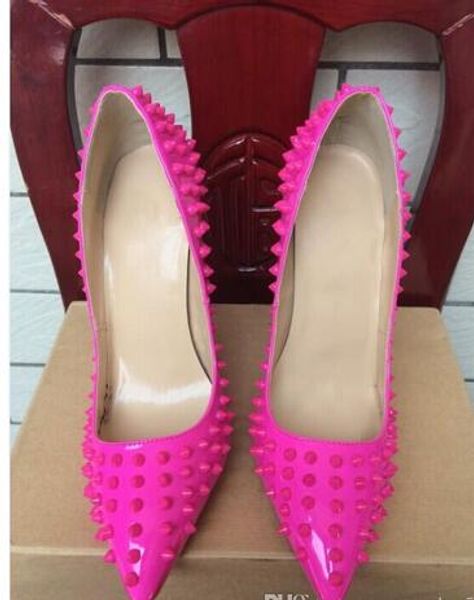 e patent leather rivet spikes poined toes high heels shoes women lady genuine leather wedding shoes pumps stiletto heels, Black
e patent leather rivet spikes poined toes high heels shoes women lady genuine leather wedding shoes pumps stiletto heels, Black