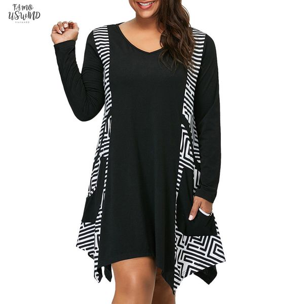 dress women plus size dresses for women 4xl 5x large size striped print stitching irregular o neck mini pocket vestidos, Black;gray
dress women plus size dresses for women 4xl 5x large size striped print stitching irregular o neck mini pocket vestidos, Black;gray