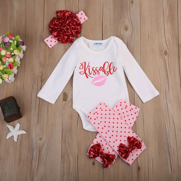 4pcs newborn baby girl kissable romper pants outfits clothes set, White