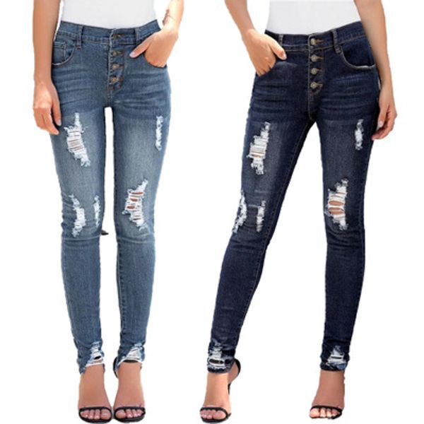 women stretch ripped hole distressed denim jeans high waist skinny pants ladies casual button jean trousers, Blue
women stretch ripped hole distressed denim jeans high waist skinny pants ladies casual button jean trousers, Blue