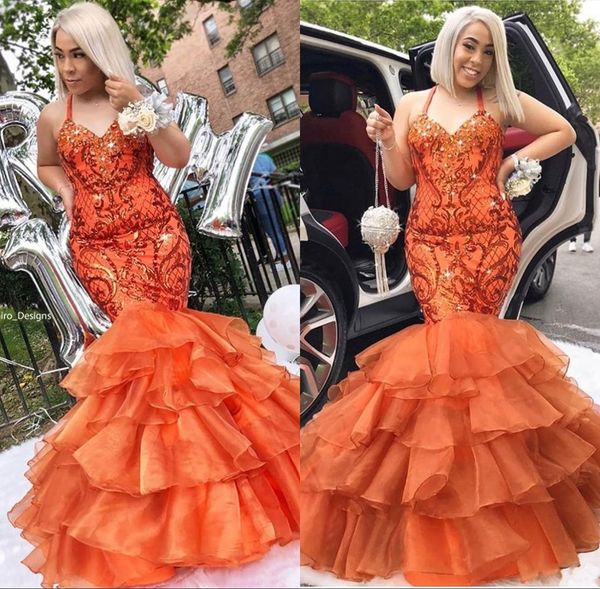 Orange Plus Size Mermaid Prom Dresses Halter Lace Appliques With Beaded Crystals Tiered Formal Evening Special Occasion Dress A07 
Orange Plus Size Mermaid Prom Dresses Halter Lace Appliques With Beaded Crystals Tiered Formal Evening Special Occasion Dress A07