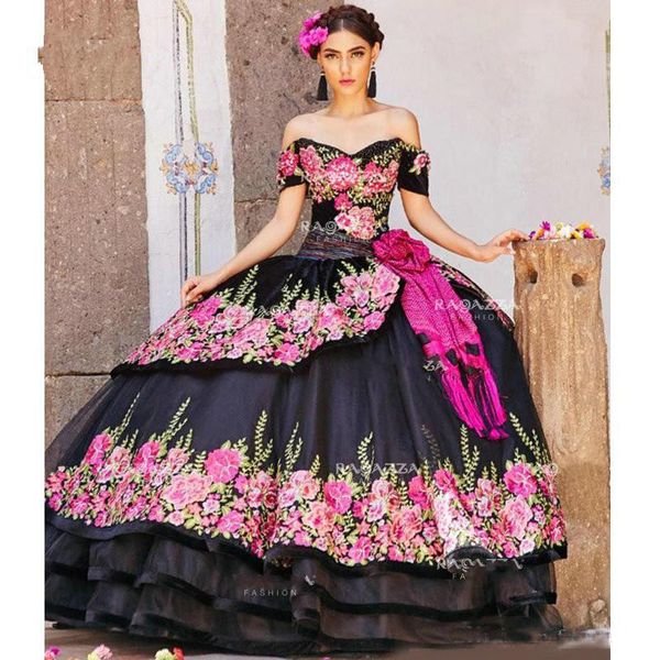 black embroidered ball gown quinceanera dresses off the shoulder neck beaded tiered sweet 16 dress sweep train girl party gowns, Blue;red 
black embroidered ball gown quinceanera dresses off the shoulder neck beaded tiered sweet 16 dress sweep train girl party gowns, Blue;red