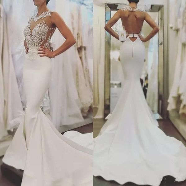 new arrival luxurious mermaid wedding dresses illusion jewel neck lace appliques beaded satin backless court train plus size bridal gowns, White
new arrival luxurious mermaid wedding dresses illusion jewel neck lace appliques beaded satin backless court train plus size bridal gowns, White