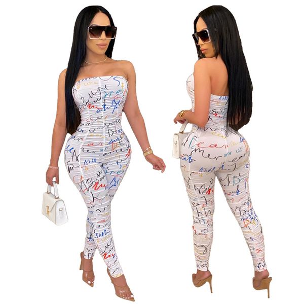 2020 european and american women's summer new color english printed pleated tube skinny jumpsuit length, Black;white 
2020 european and american women's summer new color english printed pleated tube skinny jumpsuit length, Black;white