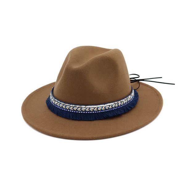 female wool felt jazz fedora hats trilby with ribbon tassels decorated trend men women wide brim panama gambler hat, Blue;gray
female wool felt jazz fedora hats trilby with ribbon tassels decorated trend men women wide brim panama gambler hat, Blue;gray
