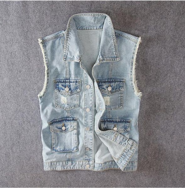fashion streetwear men vest retro blue multi pockets overall ripped denim vests men sleeveless british style hip hop veste homme, Black;white
fashion streetwear men vest retro blue multi pockets overall ripped denim vests men sleeveless british style hip hop veste homme, Black;white