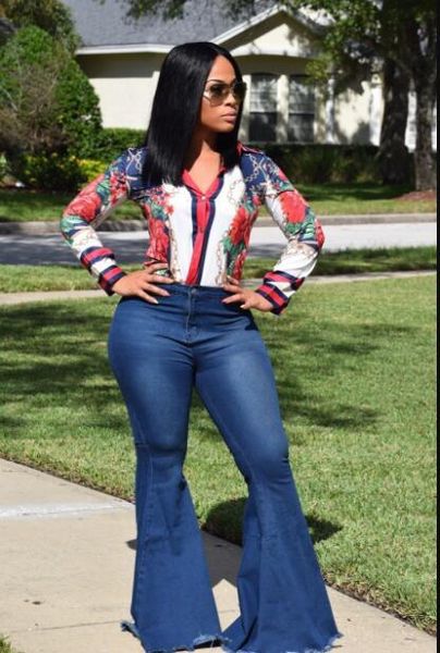 womens wide leg jeans fashion big bell bottom pants retro female denim clothing button casual apparel, Blue