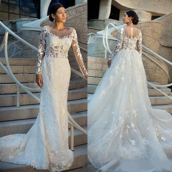 2020 vintage long sleeves wedding dress detachable overskirt a line appliques sheer scoop neckline long bridal gowns formal vestidos, White
2020 vintage long sleeves wedding dress detachable overskirt a line appliques sheer scoop neckline long bridal gowns formal vestidos, White
