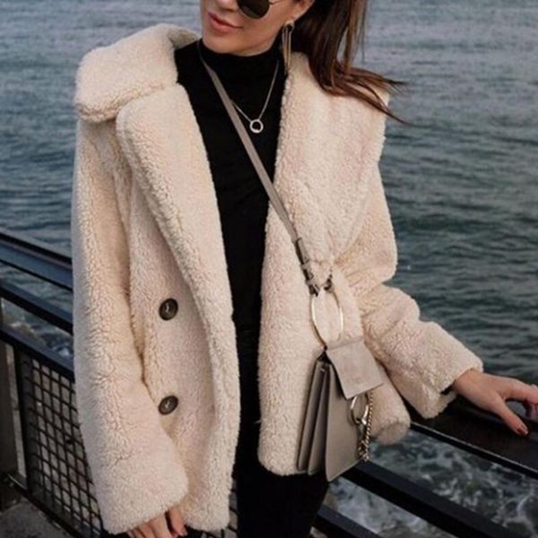 

элегантный искусственного меха пальто женщин 2019 осень зима толстая теплая мягкая флисовая куртка карман кнопка верхняя одежда шинель медве, Black;brown