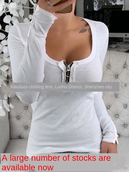 2020 low chest open chest round t-shirt zipper zipper solid color collar long sleeve t-shirt, White
2020 low chest open chest round t-shirt zipper zipper solid color collar long sleeve t-shirt, White