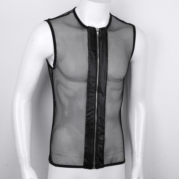men zipper front sleeveless see -through leather fishnet hollow out muscle t-shirt tank for club costume party famous, White;black
men zipper front sleeveless see -through leather fishnet hollow out muscle t-shirt tank for club costume party famous, White;black