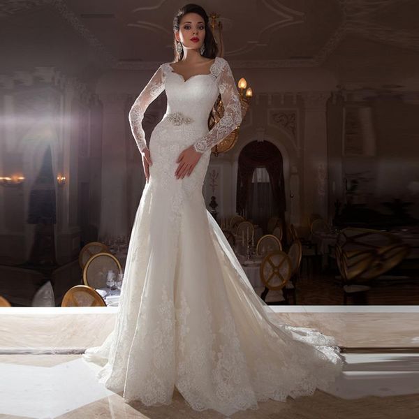 2020 new women elegant sweetheart mermaid wedding dress long sleeve applique crystal bridal gown with court train vestidos de noiva 765, White
2020 new women elegant sweetheart mermaid wedding dress long sleeve applique crystal bridal gown with court train vestidos de noiva 765, White