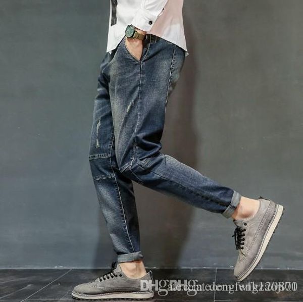 2017 personalized splicing jeans male japanese loose feet large size harem jeans male nine pants, Blue