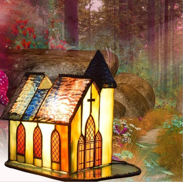 Ng Retro Creative Small House Glass Lamp Tiffany Stained Glass Table Lamp Art Bedroom Bedside Bar Night Lights Tf041.